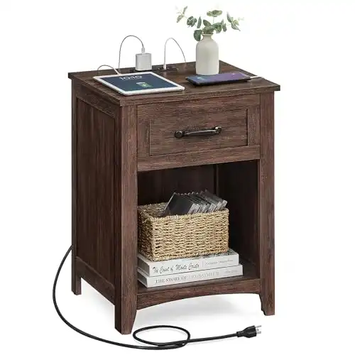 VASAGLE Farmhouse Nightstand with Charging Station, Bedside Table with Drawer, Open Compartment, Side Table with Storage, for Bedroom, Maroon Brown ULET659K51