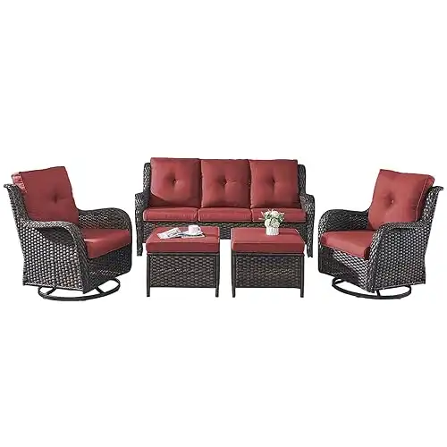 Wicker Patio Furniture Set - 5 Piece Rattan Outdoor Sectional Conversation Sets with 2 Rocking Swivel Chairs,2 Ottomans and 1 Sofa for Porch Deck Garden(Brown/Red)