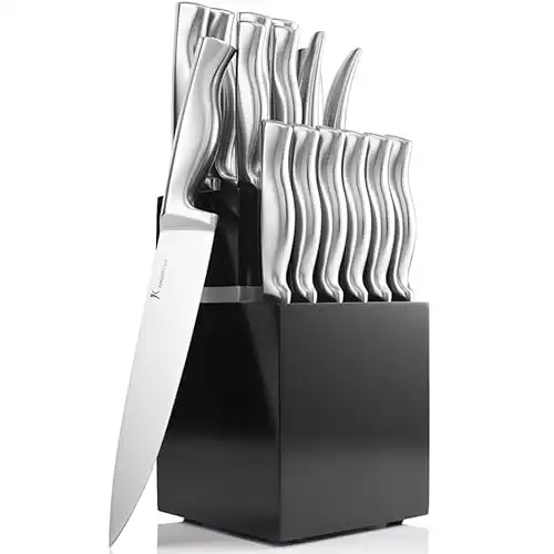15 PCS Kitchen Knife Set with Wooden Block, Ultra Sharp High Carbon Stainless Steel, Ergonomic Integrated Non-Slip Handle