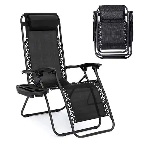 AmazingForLess Zero Gravity Lounge Chair Adjustable Outdoor Reclining Chair Folding Patio Anti-Gravity Indoor Outdoor Lounge Chair w/Pillow, Cup Holder (One Chair - Black)