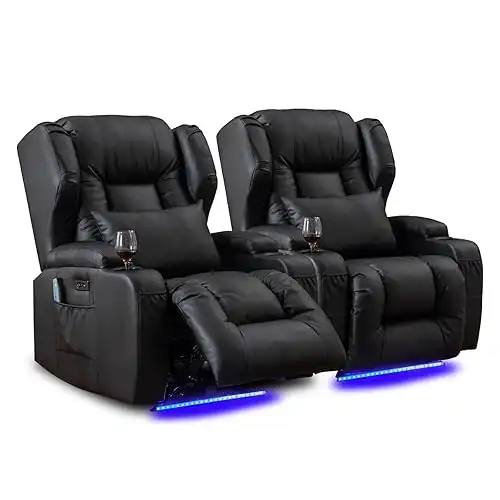 Power Recliner Chair Set of 2 Overstuffed Home Theater Seating w/Heat Massage Electric Movie Gaming Sofa Reclining Sleeper Chair with LED Light/Lumbar Pillow/USB Port/Cup Holders