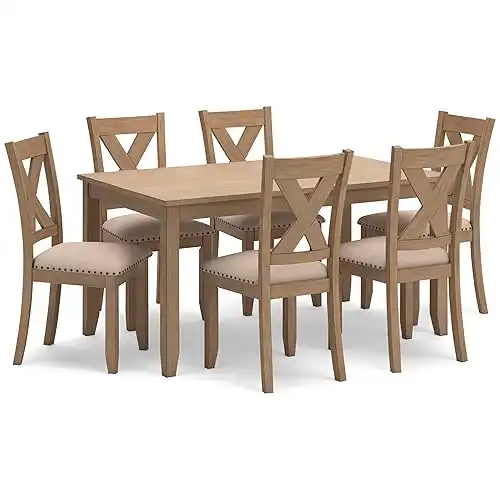 Signature Design by Ashley Sanbriar Casual Dining Table and Upholstered Chairs with Nailhead Trim, Set of 7, Light Brown & Beige