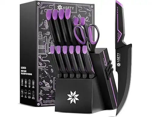 Knife Set - 15 PCS Kitchen Knife Set with Built-in Knife Sharpener Block - Stainless Steel Knife Block Set - Dishwasher Safe Mordern Knife Set, Elegant Box for Men Women