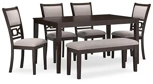 Signature Design by Ashley Langwest Transitional Diamond Patterned Dining Table with 4 Upholstered Chairs and Bench, Set of 6, Dark Brown & Beige