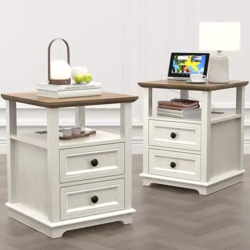 24 Tall Nightstand with Charging Station Set of 2, Fast Charge End Table Set of 2, Large 18 Bedside Table with Drawers, Storage Cabinet with Open Shelf for Bedroom, White