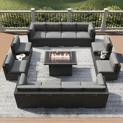 LayinSun 15 Piece Patio Furniture Set with Fire Pit Table, Outdoor Conversation Sets Wicker Rattan Sectional Sofa with Coffee Table