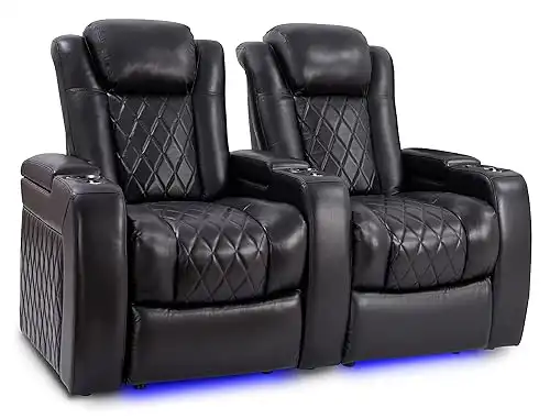 Valencia Tuscany Slim Home Theater Seating | Premium Top Grain Italian Nappa 11000 Leather, Power Reclining, Power Lumbar Support, Power Headrest, (Row of 2, Black)