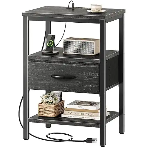 SUPERJARE Nightstand with Charging Station, Bed Side Table with Adjustable Fabric Drawer, Night Stand for Bedroom, 3-Tier Storage End Table, for Living Room, Charcoal Black Wood Grain Print