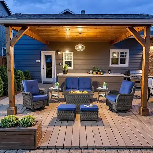 8 Piece Outdoor Patio Furniture Set - 41" CSA Propane Fire Pit Table Patio Conversation Set with Swivel Rocker Outdoor Chairs, Wicker loveseat and Ottoman for Outside Casual Gathering
