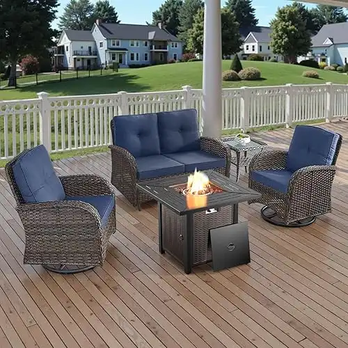 5 Piece Outdoor Patio Furniture Set with 50000 BTU Propane Fire Pit Table, Deep Seating Wicker Swivel Rocker Chairs and Loveseat Glider Patio Conversation Set for Deck Poolside Backyard Blue