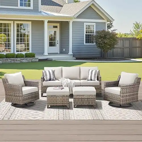 Outdoor Patio Furniture Set-5 Pieces All-Weather Wicker Outdoor Furniture with Swivel Patio Chairs Outdoor Patio Conversation Sets for Garden Porch Deck Grey/Beige