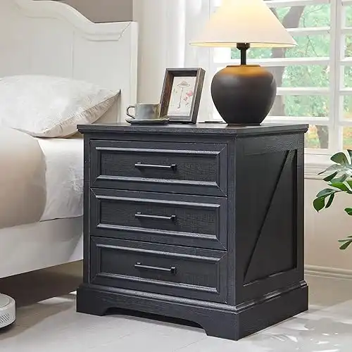 Farmhouse Nightstand with Charging Station, 24 Inch Wide End Table with 3 Large Drawers & Bar Handles, Rustic Wood Small Dresser Chest of Drawers for Bedroom, Living Room, Closet, Black