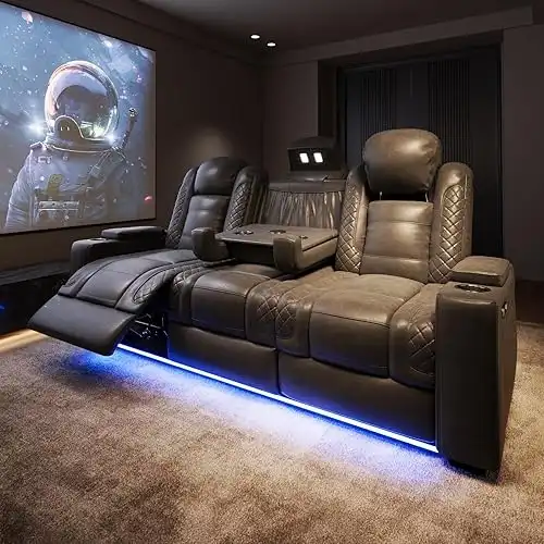 VanAcc Home Theater Seating, Movie Loveseat Recliner Chair with USB Wireless Charging, 3 Theatre Seats Couch Sofa for Media Room w/Electric Headrest, LED Light, Fold Down Table