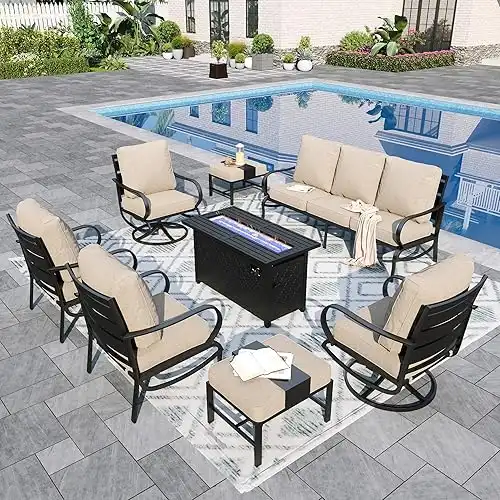 Sophia & William Patio Furniture Sets for 9 with 45" Gas Fire Pit Table Outdoor Conversation Sets 8 Pcs, 2xSofa Chairs, 2xSwivel Cushion Chairs, 1x3-Seat Sofa, 2xOttomans for Porch Poolside B...