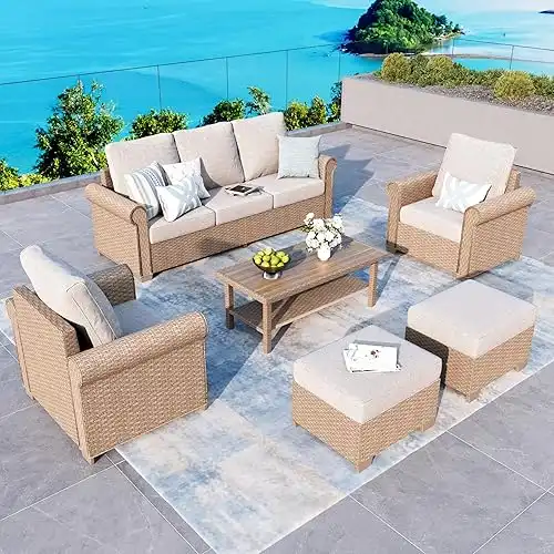 Patio Furniture Set 6 pcs, Wicker Rattan Outdoor Furniture with 5.5 Thick Cushions, 3-Seat Sofa, 2 Chairs, 2 Ottomans and Coffee Table, Outdoor Conversation Set for Backyard Deck, 7 Seats Beige