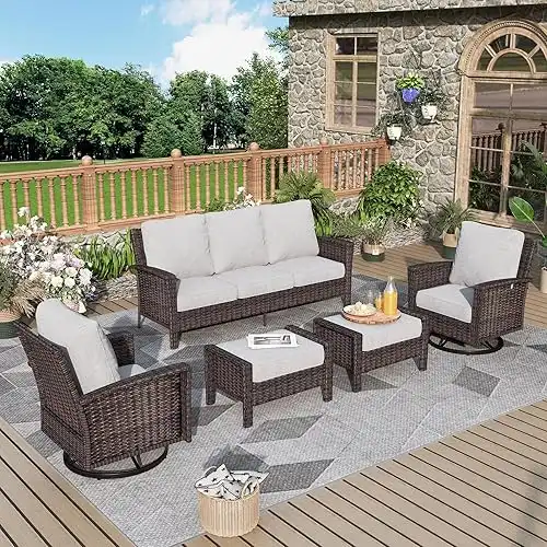 5-Piece Patio Furniture Set, Oversized Outdoor Wicker Sofa with High Back Swivel Chairs and Comfy Ottoman, Sectional Rattan Outdoor Conversation Set for Poolside Backyard Deck, Grey