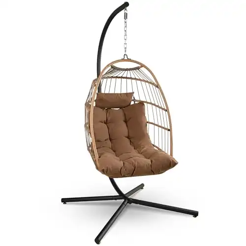 SereneLife Hanging Egg Chair with Stand - Wicker Rattan Outdoor Swing, Powder-Coated Steel Frame, Padded Cushion & Headrest - Ideal Swinging Chair for Bedroom, Patio, Backyard - 350 lbs Load