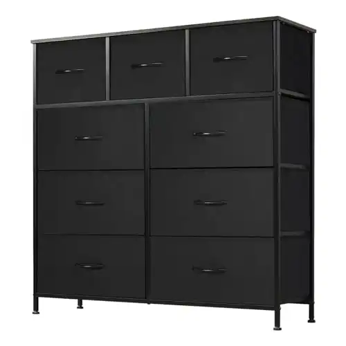 DUMOS Dresser for Bedroom, Storage Organizer with 9 Drawers, Chest of Drawers with Fabric Bins, Sturdy Metal Frame, Wood Tabletop for Guest Room, Closet, Entryway, Nursery