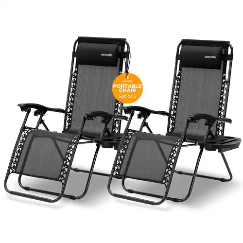 SereneLife Zero Gravity Chairs Set of 2 - Adjustable Steel Mesh Lawn Chairs - Outdoor Lounge Chairs with Detachable Cup Holder Tray - Foldable Outdoor Chair with Removable Pillows - Off Black