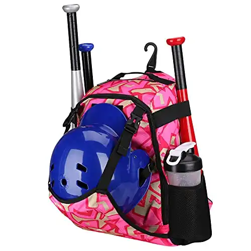 ZOEA Baseball Bat Bag Backpack, T-Ball & Softball Equipment & Gear for Youth, Large Capacity Holds 2 Bats, Helmet, Gloves, Cleats, Helmet Holder and Includes Fence Hook (Pink)