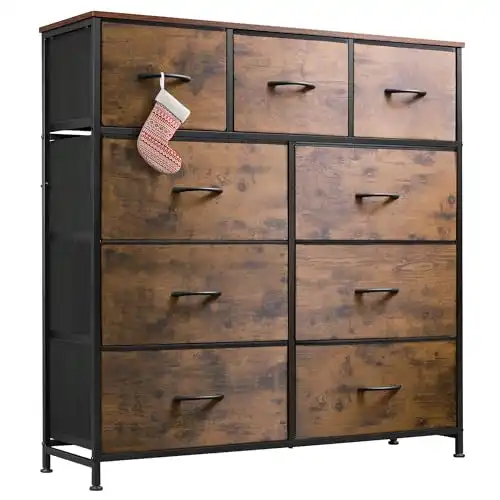 WLIVE 9-Drawer Dresser, Fabric Storage Tower for Bedroom, Hallway, Entryway, Closet, Tall Chest Organizer Unit with Fabric Bins, Steel Frame, Wood Top, Easy Pull Handle, Rustic Brown Wood Grain Print