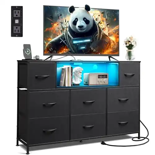 WLIVE Black Dresser for Bedroom, TV Stand for Bedroom for 55 inch TV with Charging Station and LED Lights, Fabric Chest of Drawers with Open Shelves, 8 Drawers Dressers for Living Room, Closet