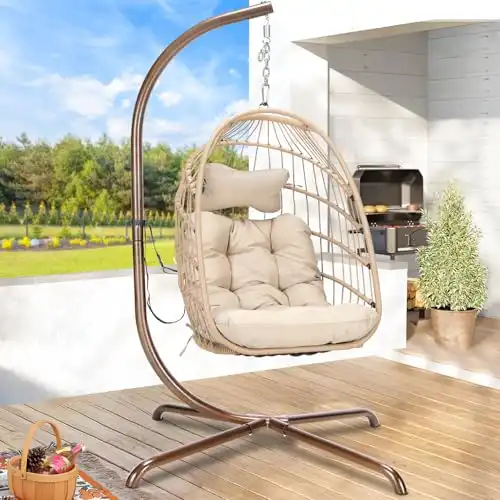 RADIATA Patio Hanging Egg Chair with Stand, Rattan Swing Chair with Cushion and Pillow, Wicker Hammock Chair for Indoor Outdoor Bedroom Living Room Garden (Beige with Stand)