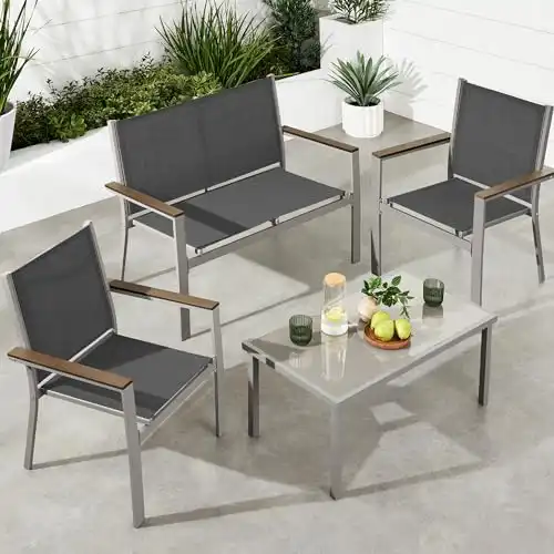 Best Choice Products 4-Piece Outdoor Textilene Patio Conversation Set, Backyard Furniture w/Loveseat, Coffee Table, Steel Frame - Taupe/Charcoal