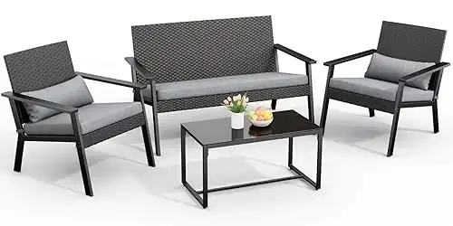 4-Piece Outdoor Wicker Patio Furniture Set with Deep Seating Cushions and Table for Balcony, Backyard, and Porch (Gray)