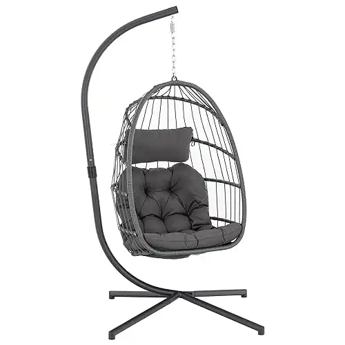 Yechen Indoor Outdoor Egg Hanging Chair with Stand, Patio Wicker Swing Egg Chair Indoor Swinging Chair Outdoor Hammock Egg Chair 350lbs Capacity for Patio Bedroom Balcony, Charcoal Grey (EG-001)