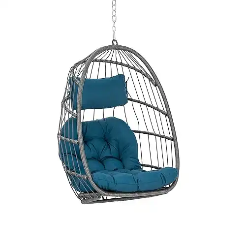 Yechen Wicker Rattan Hanging Egg Swing Chair with Hanging Chain Outdoor Indoor, Foldable Hammock Egg Basket Chairs Without Stand with Aluminum Frame and UV Resistant Cushion for Bedroom Porch