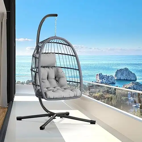 Egg Chair with Stand,Patio Rattan Wicker Hanging Swing Egg Chair Hammock Chair for Bedroom Porch Garden,Thickened Aluminum Alloy Steel Frame and UV Resistant Cushion,350LBS Capacity