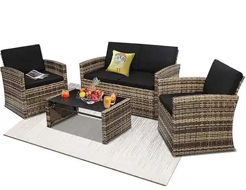 4 Piece Patio Conversation Set, Outdoor Wicker Sectional Furniture with Sofa, 2 Chairs, and Coffee Table, for Porch, Deck, Natural Rattan and Black Overstuffed Washable Cushions