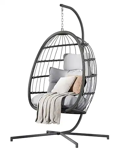 HWB Hanging Egg Chair with Stand, Patio Wicker Hammock Egg Swing Chair with Cushion for Bedroom Garden Indoor Outdoor (Grey)