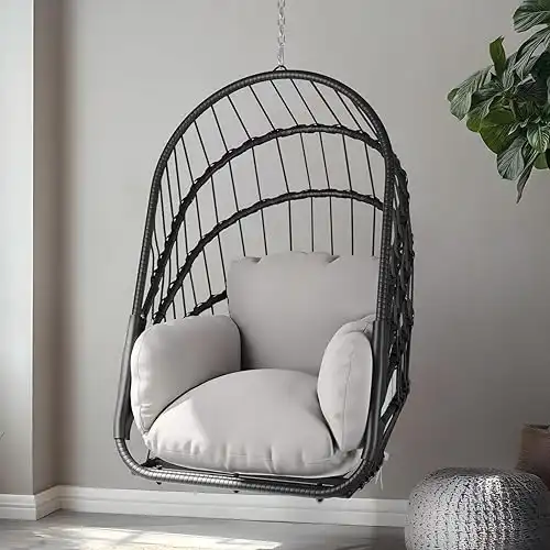 YITAHOME Swing Egg Chair with Cushions 350lbs, Wicker Hammock Chair Foldable Hanging Basket Chair W/O Stand for Outdoor, Indoor, Patio, Bedroom - Grey