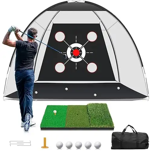 Golf Net with Practice Mat,Golf Hitting Aid Nets 10x7FT for Backyard Driving Chipping Training Swing with Target Mat Balls for Outdoor Indoor Gifts for Men Dad Him and Golfer