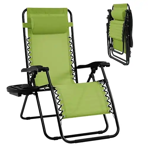 Goplus Zero Gravity Chair, Adjustable Folding Reclining Lounge Chair with Pillow and Cup Holder, Patio Lawn Recliner for Outdoor Indoor Pool Camp Yard (1, Green)