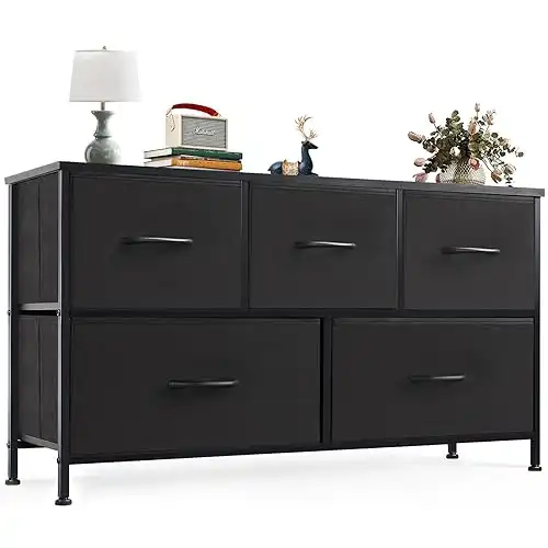 OLIXIS Dresser for Bedroom with 5 Drawers, Wide Chest of Drawers, Fabric Bedroom Dresser with Drawer Organizer, Storage Organizer Unit with Fabric Bins for Closet, Living Room, Hallway, Classic Black