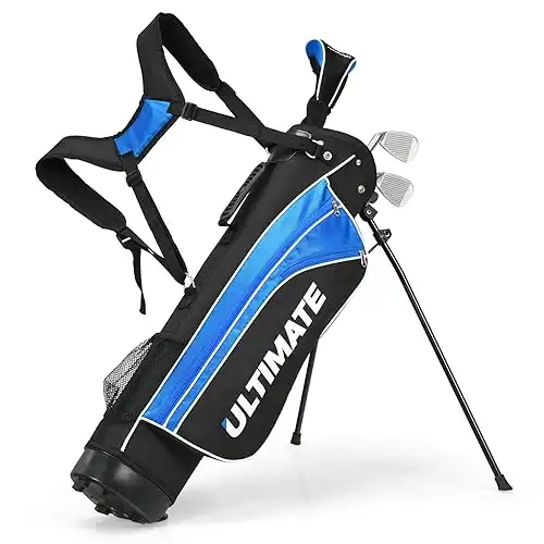 Kids Golf Clubs, Golf Stand Bag with 3# Fairway Wood, 7# & 9# Irons, Putter, Head Cover & Rain Hood, Youth Golf Clubs for Boys & Girls, Junior Golf Clubs for Ages 8-10, Right Hand, Blue