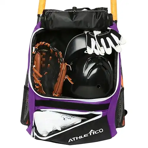 Athletico Baseball Bat Bag - Backpack for Baseball, T-Ball & Softball Equipment & Gear for Youth and Adults | Holds Bat, Helmet, Glove, & Shoes |Shoe Compartment & Fence Hook