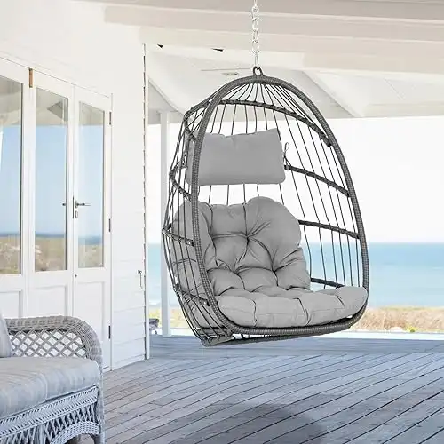 Hanging Egg Chair Without Stand - Foldable Indoor Outdoor Wicker Rattan Swing Egg Chair with Hanging Chain Hammock Chair - UV Resistant Cushions & Aluminum Frame for Bedroom Patio Camping (Grey)