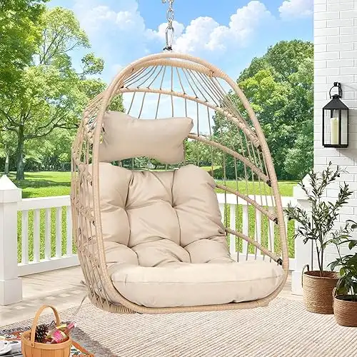 RADIATA Foldable Hanging Egg Chair Without Stand, Rattan Swing Chair with Cushion and Pillow, Wicker Hammock Chair for Indoor Outdoor Bedroom Patio Garden (Beige)