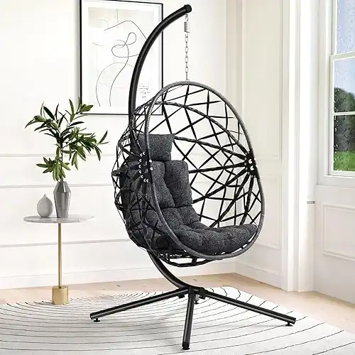 SWITTE Hanging Egg Chair with Stand, Outdoor Swing Egg Chair, Indoor Wicker Hammock Chair with Cushion for Patio Bedroom, 350LBS Capacity-Grey