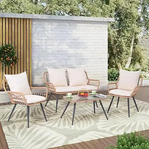 Verano Garden 4 Pieces Patio Furniture Set, Outdoor Wicker Patio Conversation Set for Porch Deck, Boho Loveseat & 2 Armchairs with Cushion and Pillow, Tempered Glass Table