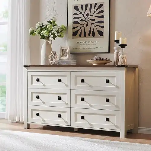 RedLemon 6 Drawer Dresser for Bedroom, Farmhouse 54 Inch Wide Rustic Wood Dresser TV Stand, Dresser Chest of Drawers for Closet, Living Room, Hallway, Antique White