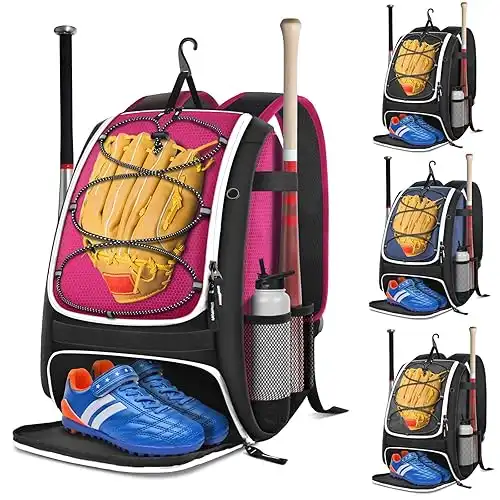 BROTOU Baseball Bag, Softball Bag for Baseball Gear & T-Ball Bat, Baseball Backpack with Shoes Compartment for Men/Women