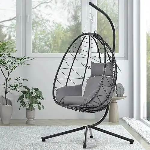 Hanging Egg Chair with Stand Wicker Egg Chair Indoor Outdoor Swing Basket Egg Chairs with UV Resistant Removable & Washable Cushions,350LBS Capacity for Bedroom Porch