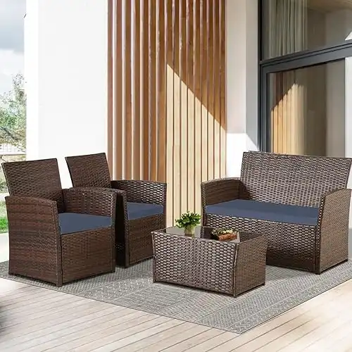 4 Piece Outdoor Patio Furniture Sets, Wicker Sectional Conversation Sofa Set, Rattan Table and Chairs and Loveseat with Cushions for Outside Balcony Porch Backyard (Brown-Blue)