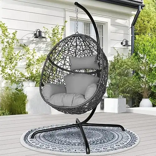 NICESOUL® Egg Swing Chair Outdoor Indoor, Boho Style Bird Nest Wicker Swinging with Stand, 350Lbs Comfy Hanging Chair w/Thicken Padded Cushions, Water-Resistant Egg-Shape Seat for Patio, Porch, Yard