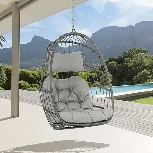 Brafab Wicker Rattan Hammock Egg Swing Chair with Hanging Chain, Aluminum Frame and UV Resistant Cushion, Indoor Outdoor Bedroom Patio Porch Foldable Camping Chair (Without Stand)